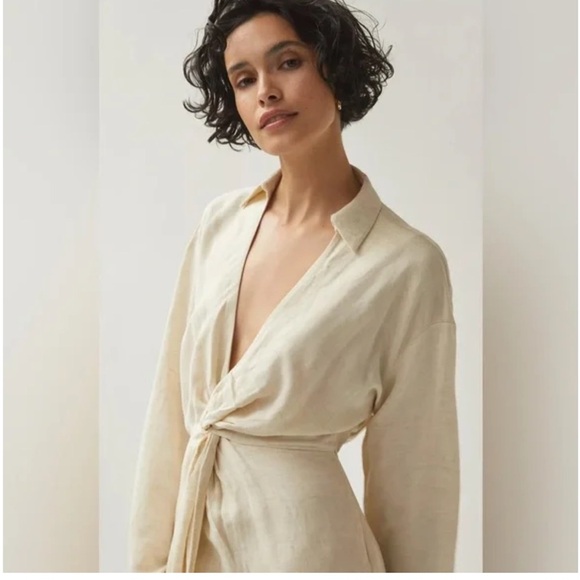 NWT Anthropologie V Neck Knot Front Long Sleeve Faux
Wrap Midi Dress Ivory Linen - Picture 3 of 15